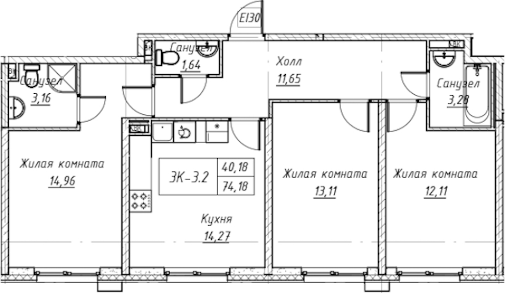 3-комнатная квартира 74.54 м², 11/14 эт., Комплекс апартаментов «Zoom на Неве»